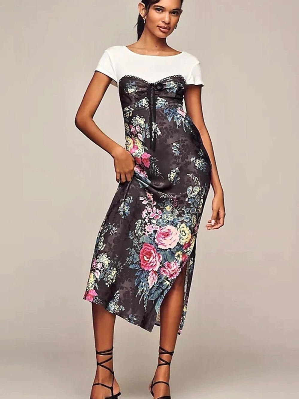 Anthropologie Floral Midi Dress in Black & Cream Size Medium Like New